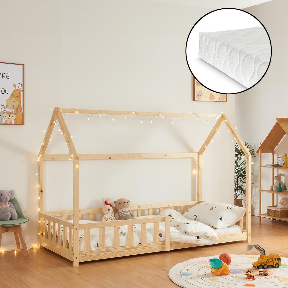 HAUSBETT Hesel mit Matratze - Naturfarben, Holz/Textil (90/200cm) - [en.casa]