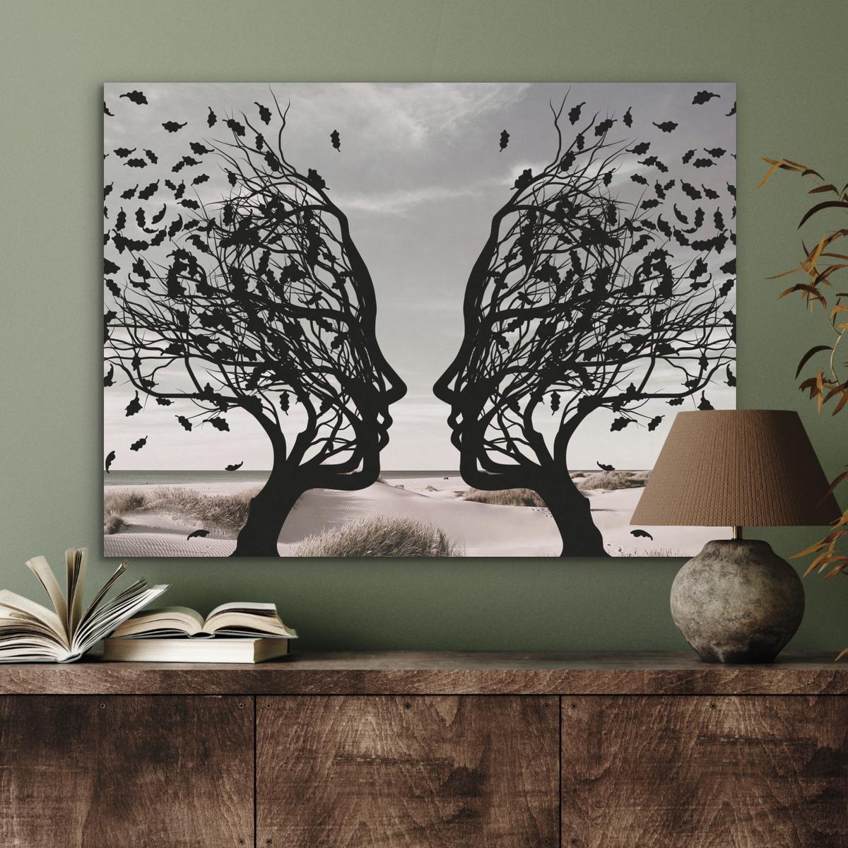 AKUSTIKBILD Strand - Meer - Menschen - Baum - Moderne Kunst Gemälde 80x60 cm - Hellgrau, Kunststoff (80/60/0.9cm) - MuchoWow