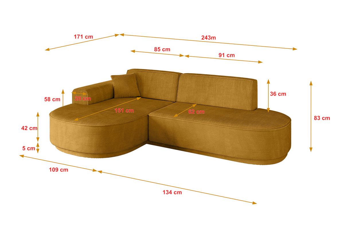 ECKSOFA Ottomane Links MARI-L1-v3 - 243x171x83 cm Senfgelb Cord - Gelb/Schwarz, Holzwerkstoff/Kunststoff (243/171cm) - ALTDECOR