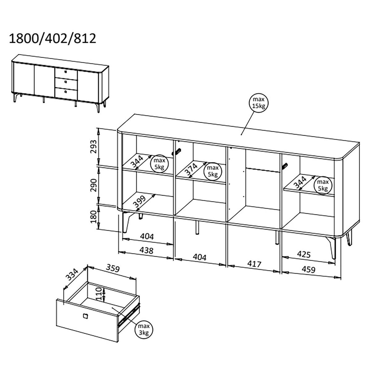 KOMMODE Aurora 3 Türen und 3 Schubladen, Metallbeine, 180 cm, Nussbaum+Kaschmir - Kaschmir/Nussbaumfarben, Holzwerkstoff/Metall (180/81/40cm) - Beautysofa