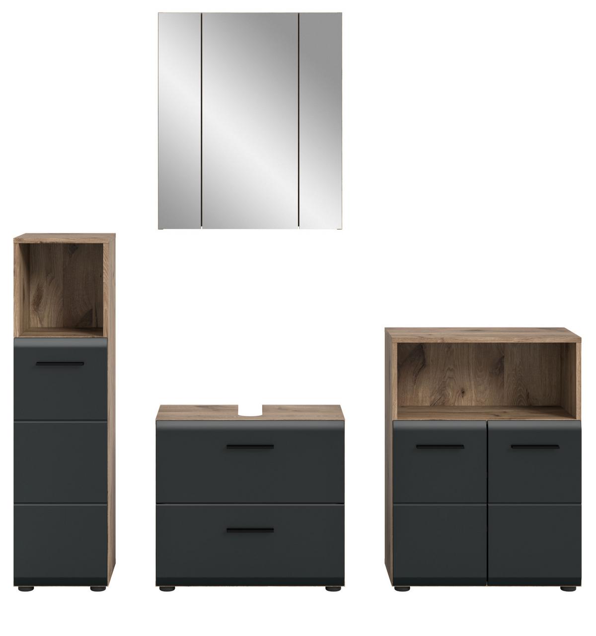 BADMÖBEL-SET 4-teilig schwarz matt, Eiche Nox, Badezimmerschränke Set 180 cm - Eichefarben/Schwarz, Glas/Holzwerkstoff (180/185/30cm) - Inn.Furn