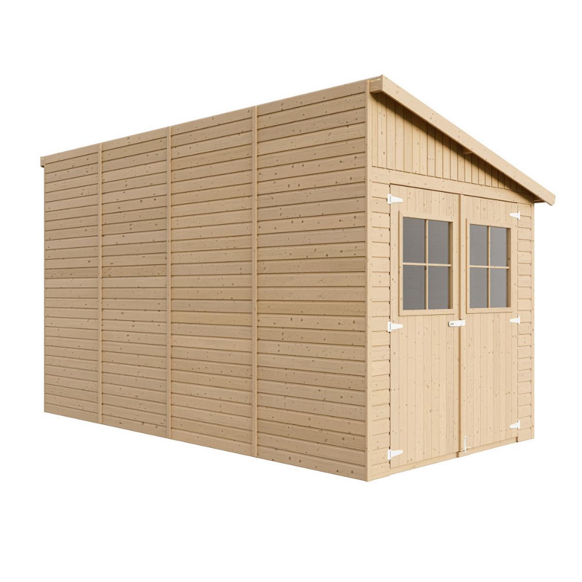 HOLZ-GARTENHAUS (mit Seitenwand) MIT IMPRÄGNIERTEM BODEN - H244x216x416 cm/8 m2 -IMBELA M340A+M340G - Beige, Holz (218/250/395cm) - Timbela