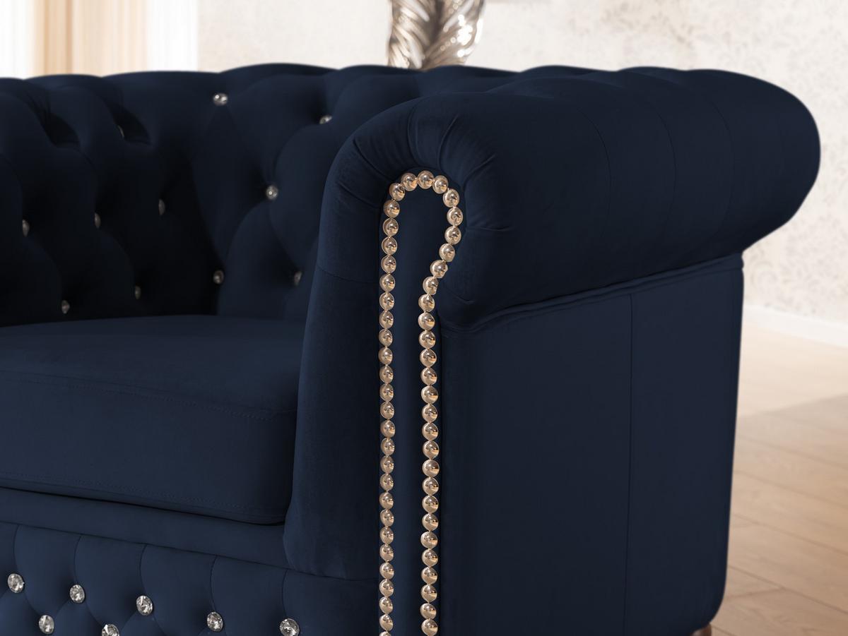 CHESTERFIELD-SESSEL Cleo Blink Marineblau Samt mit Kristallsteppung und braunen Massivholzfüßen - Blau/Beige, Holz/Textil (104/72/86cm) - S-Style Möbel