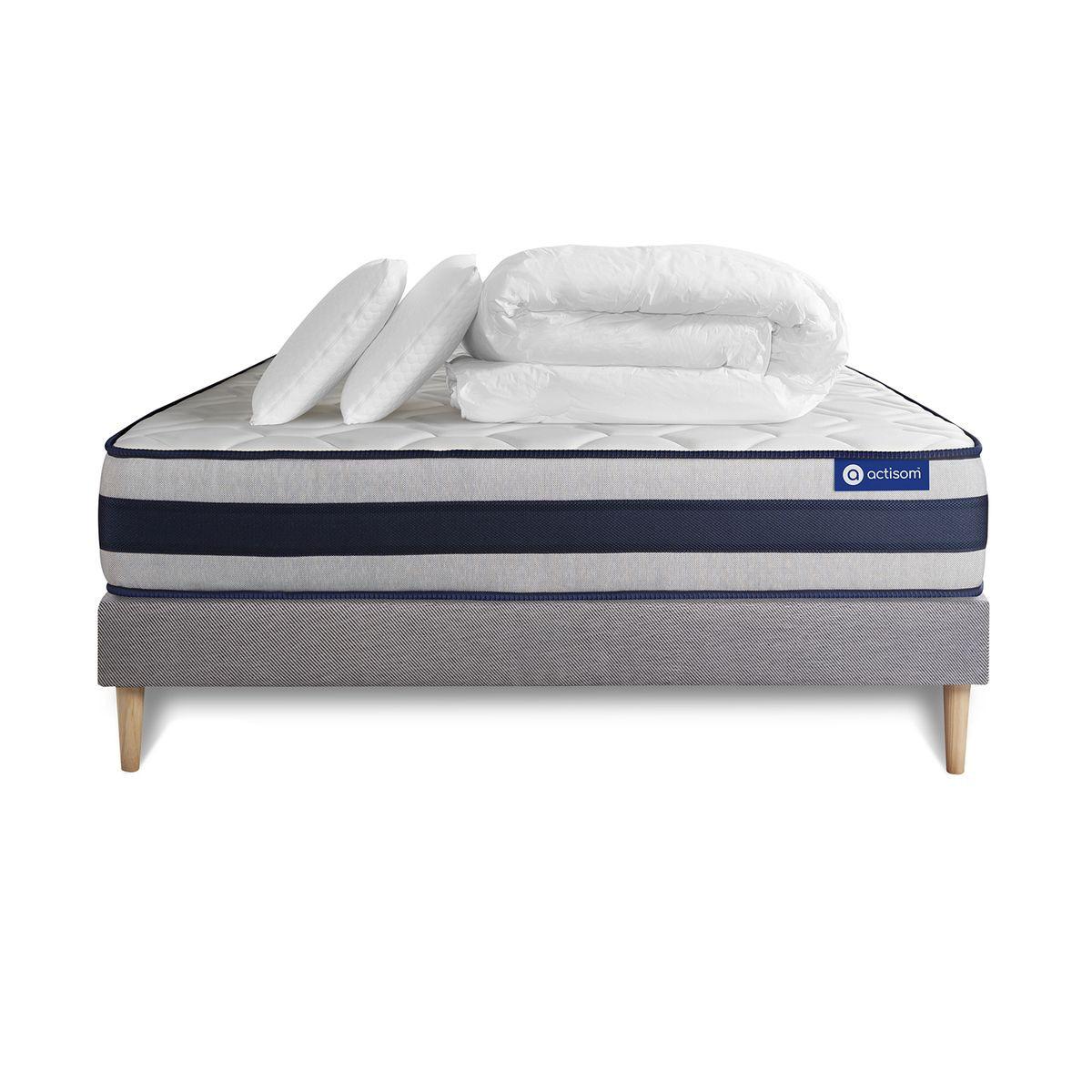 BETT Actiflex ergo Taschenfederkern und Memory-Schaum 160 x 200 cm h4 - Kit Bettgestell Grau - Mit Kissen und Bettdecke - Beige/Grau, Karton/Holz (160/200cm) - ACTISOM