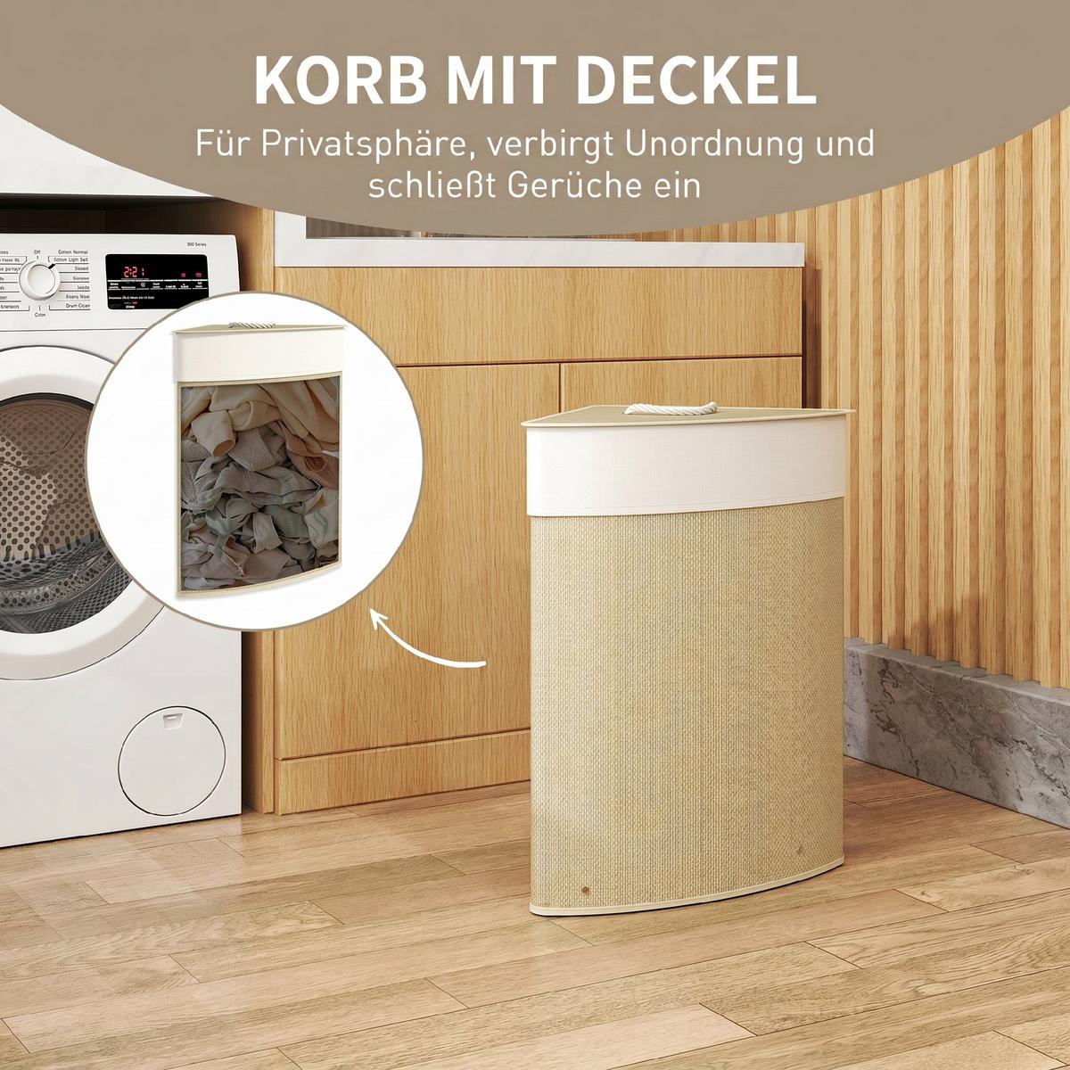 WÄSCHEKORB Bambus Cremeweiß - Creme, Holz/Textil (35/60/35cm) - HOMCOM