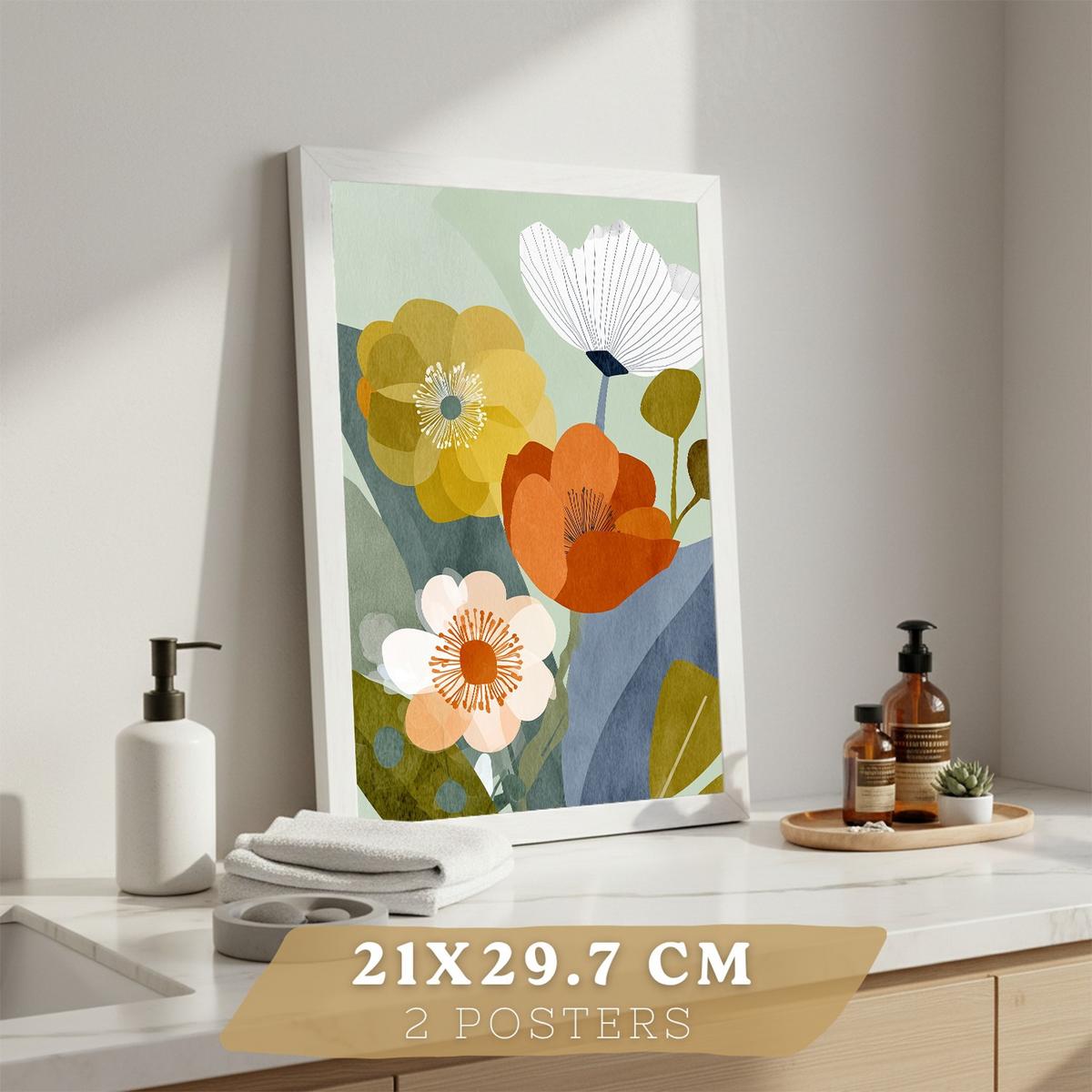 POSTER 2er-Set dekorative Badezimmerdrucke, moderne florale Wandposter für Waschbecken, Dusche, abstrakte florale, nordischer Stil Weißer Rahmen A4 - Weiß, Papier (29.7/21/3cm) - Nacnic