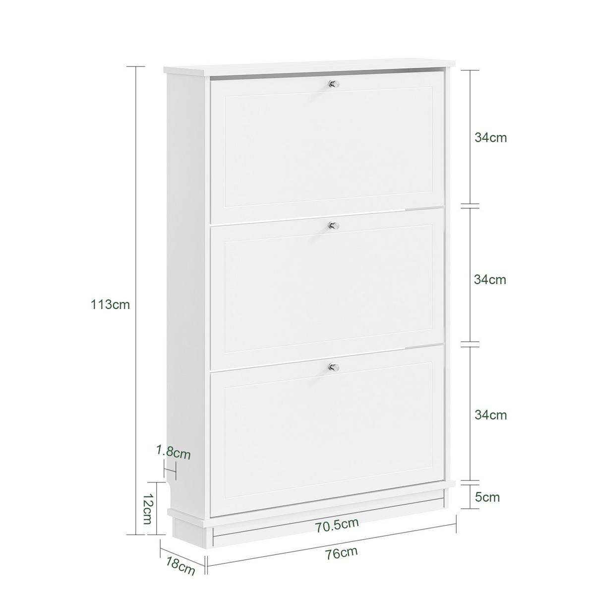 SCHUHSCHRANK schmal mit 3 Klappen, Weiß 76x18x113cm - Weiß, Holzwerkstoff (18/113/76cm) - SoBuy