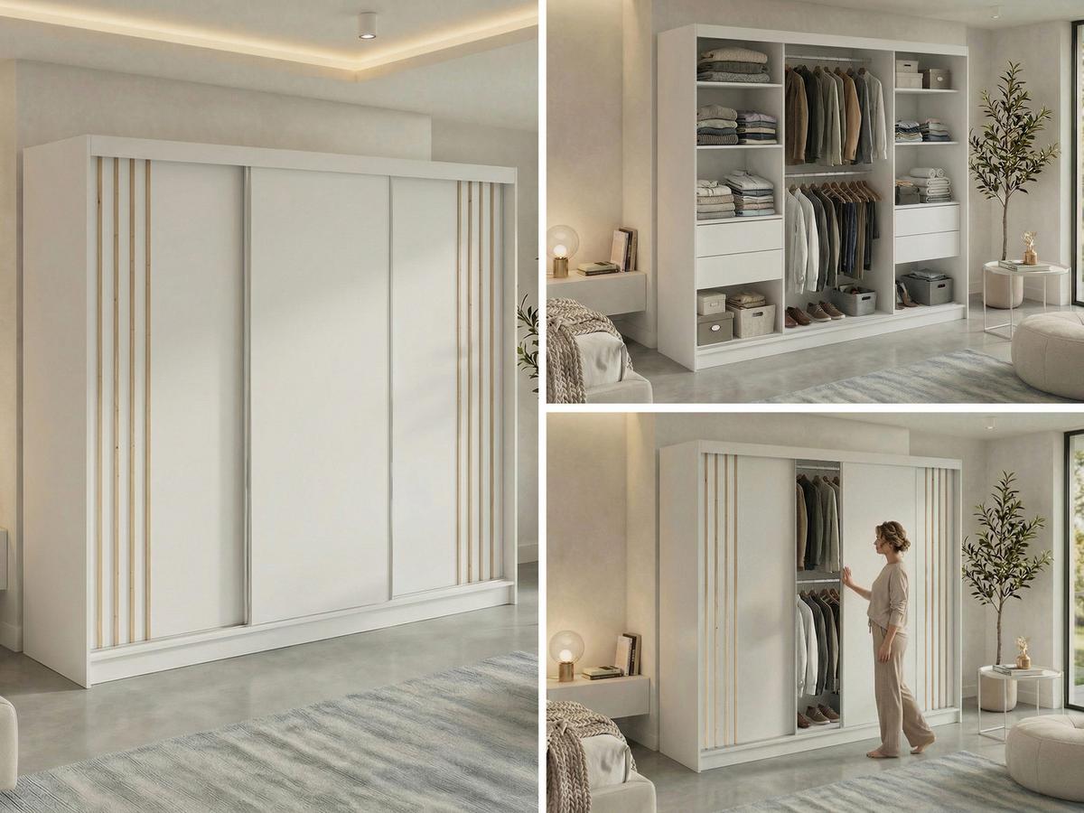 SCHWEBETÜRENSCHRANK mit Lamellen und Schubladen NAURU - 240 - Weiß und Eiche Artisan - Alufarben/Weiß, Holzwerkstoff/Metall (240/216/61cm) - MKS