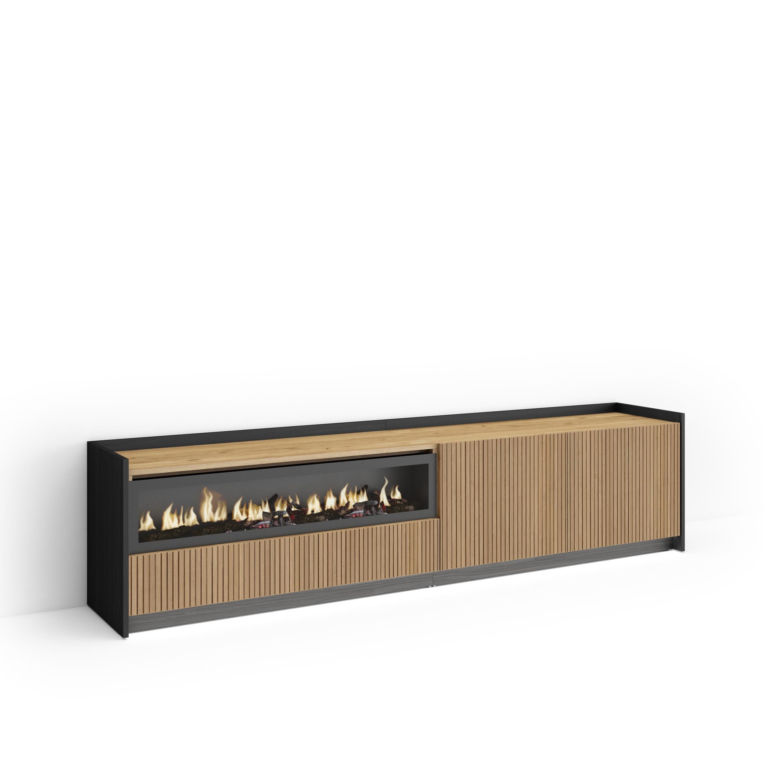 LOWBOARD, Eiche und Schwarz, 207/37/50cm, Elektrokamin, Led - Eichefarben, Holzwerkstoff (207/50/37cm) - Skraut Home
