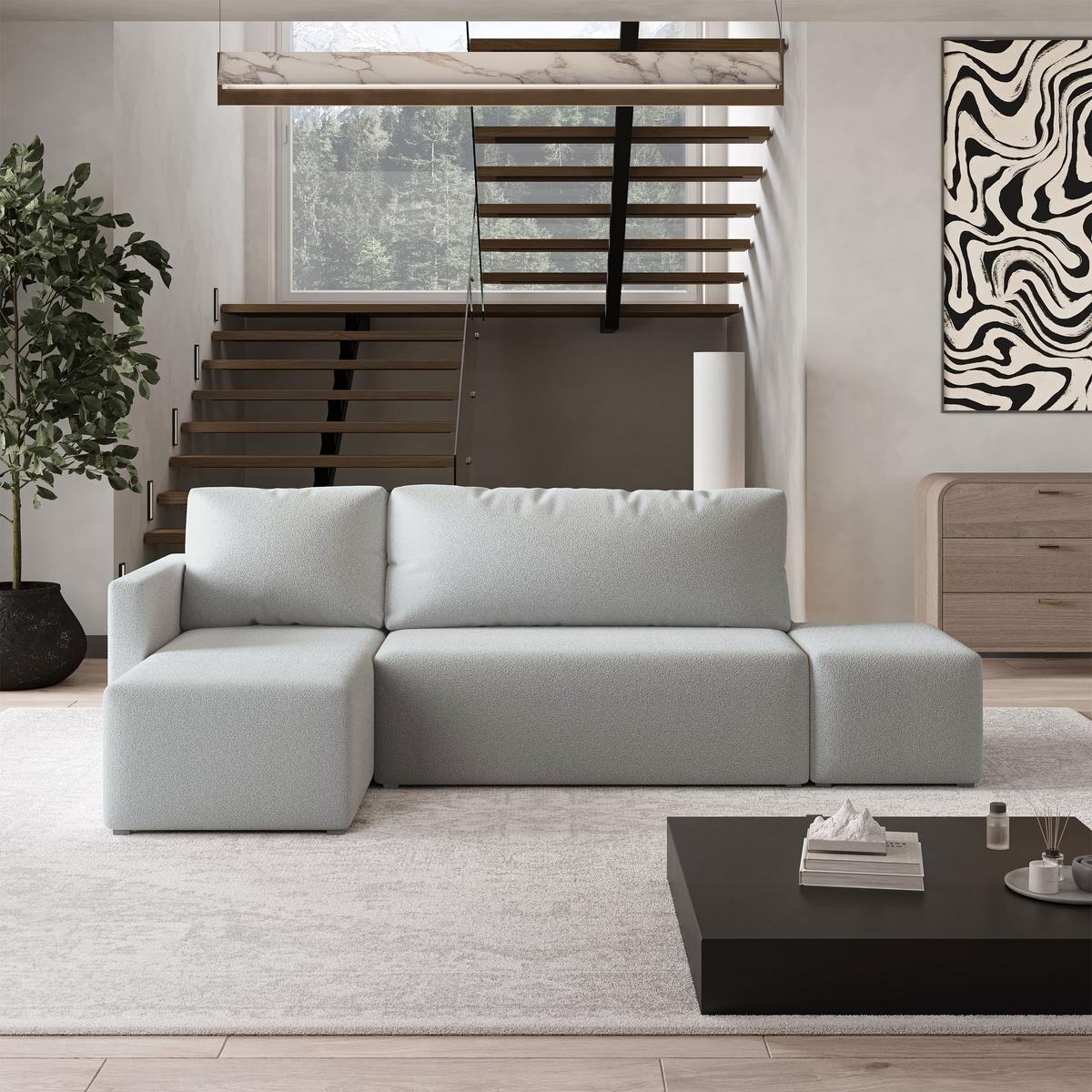 ECKSOFA VELOTTI L-S Hellgrau Boucle-Stoff mit Schlaffunktion - Hellgrau, Holz (261/143cm) - MASSENO