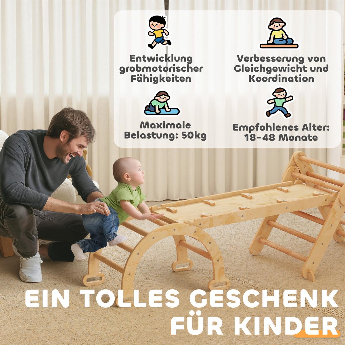 MONTESSORI-KLETTERGERÜST Holz Kletterdreieck mit Kletterbogen 7-in-1 - Naturfarben, Holz (70/59/188cm) - AIYAPLAY