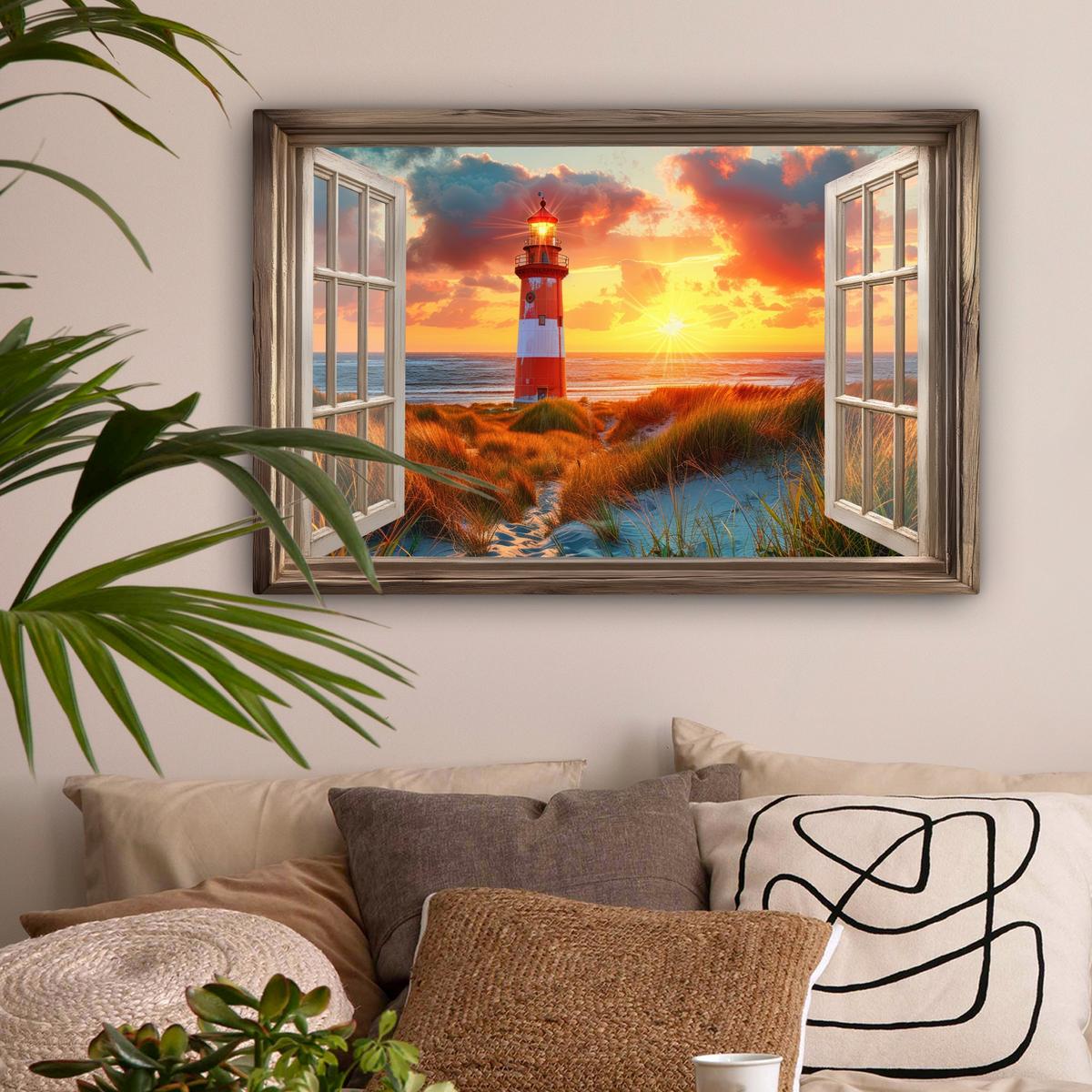 LEINWANDBILD Aussicht - Fenster - Leuchtturm - Sonnenuntergang - Strand Gemälde 60x40 cm - Dunkelorange, Textil (60/40cm) - MuchoWow