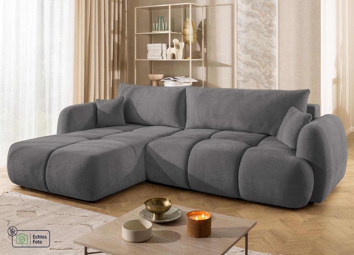 ECKSOFA Loretto aus natürlichem Taupe Webstoff mit Schlaffunktion, Bettkasten und tiefen Steppungen in Bubble-Optik - Taupe/Schwarz, Holz/Kunststoff (180/275cm) - S-Style