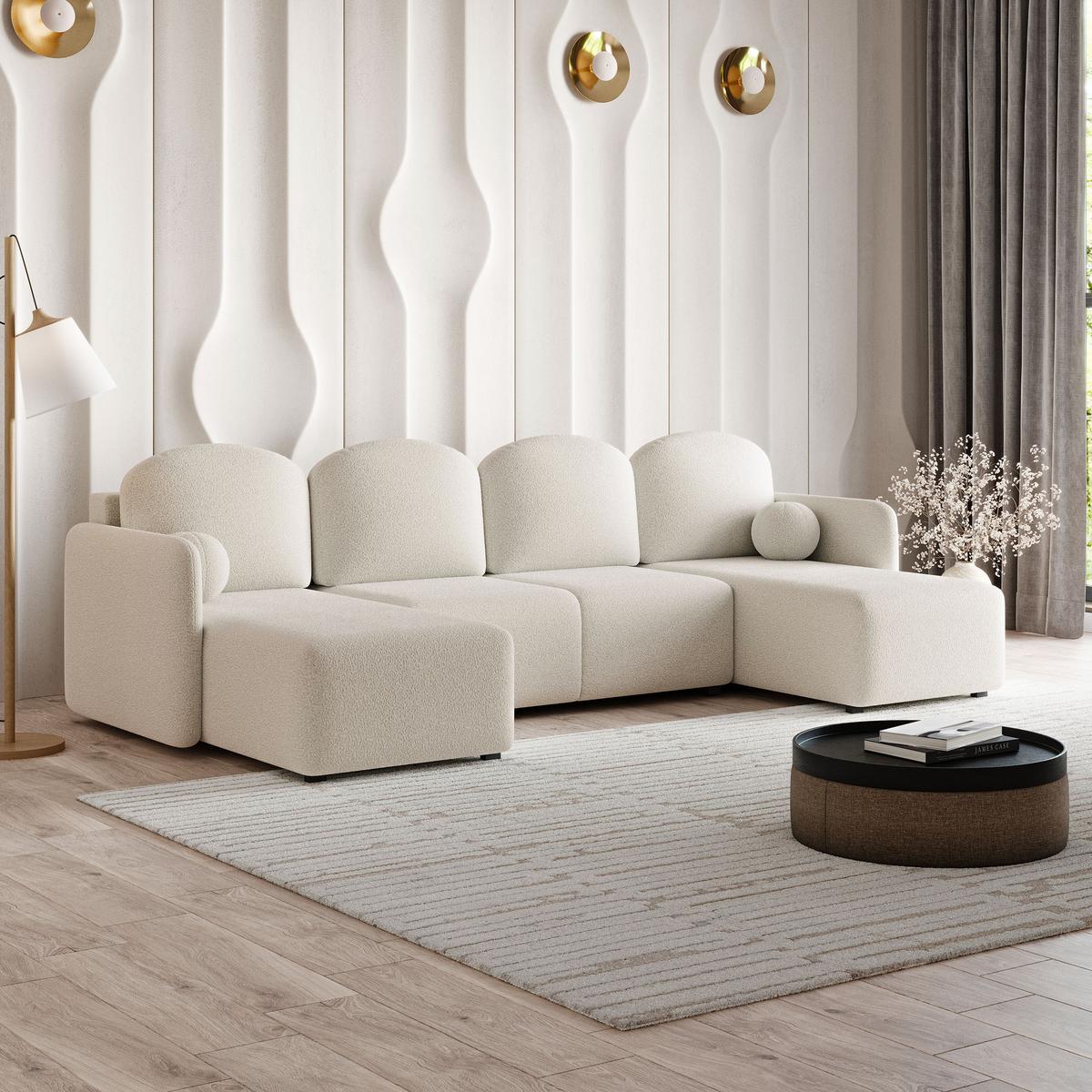 WOHNLANDSCHAFT NUBERO Creme Boucle-Stoff mit Schlaffunktion - Creme, Holz (285/85/143cm) - MASSENO