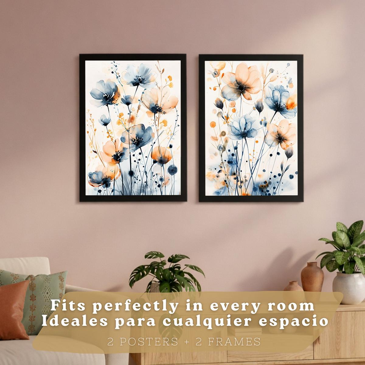 POSTER 2er-Set Wandbilder Blumen Blau Orange Boho modern Wohnzimmer Deko, Schlafzimmer, Küche, Badezimmer Rahmenlos A3 - Schwarz, Papier (29.7/1/42cm) - Nacnic