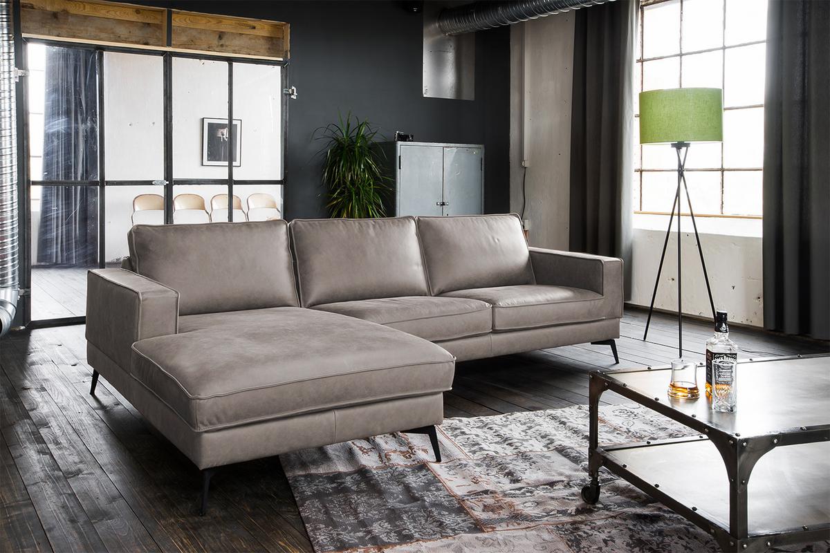ECKSOFA BLOOM Hellgrau Leder - Hellgrau/Schwarz, Leder/Metall (276/177cm) - KAWOLA