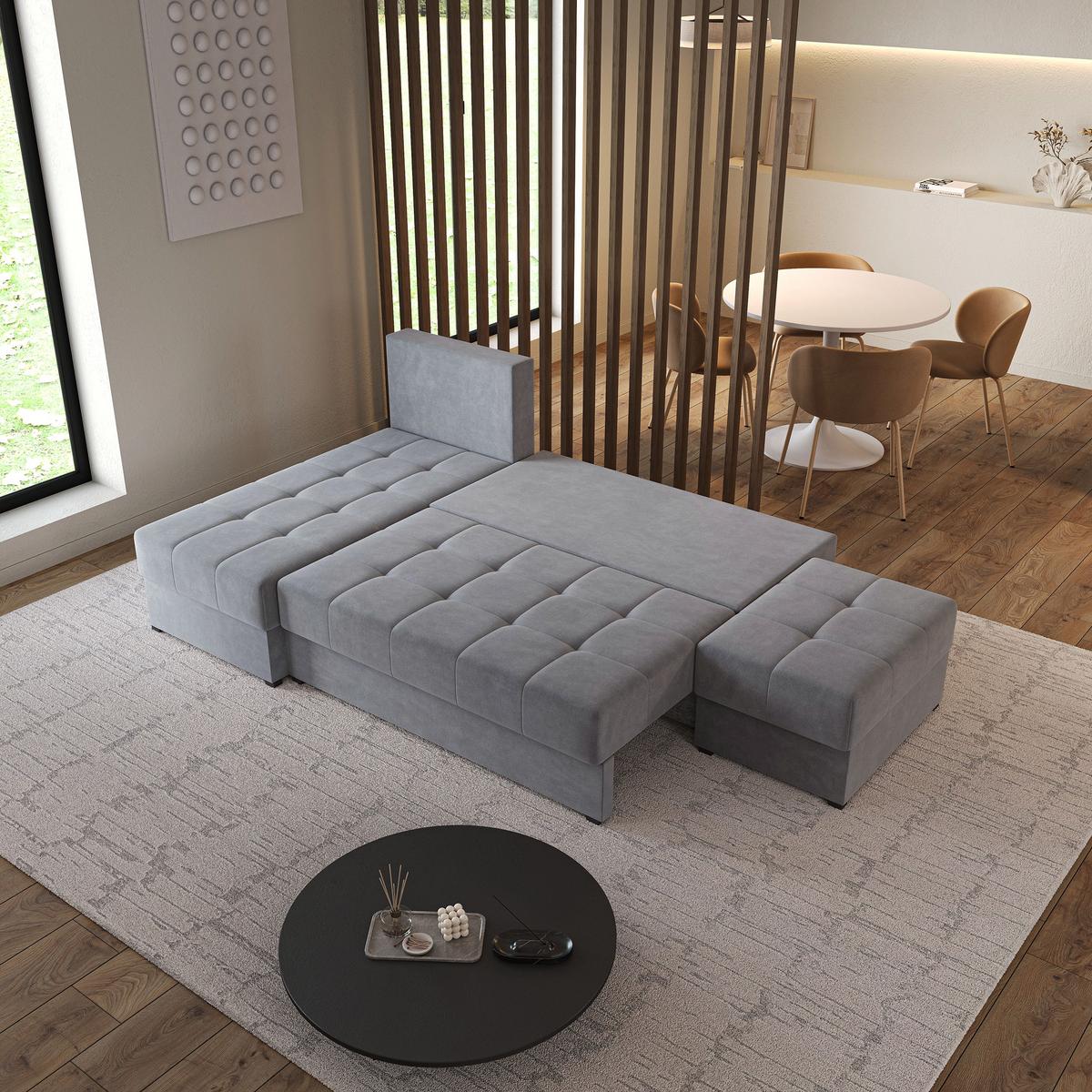 ECKSOFA NORVI Grau Plüsch-Stoff mit Schlaffunktion - Grau, Holz (251/143cm) - MASSENO