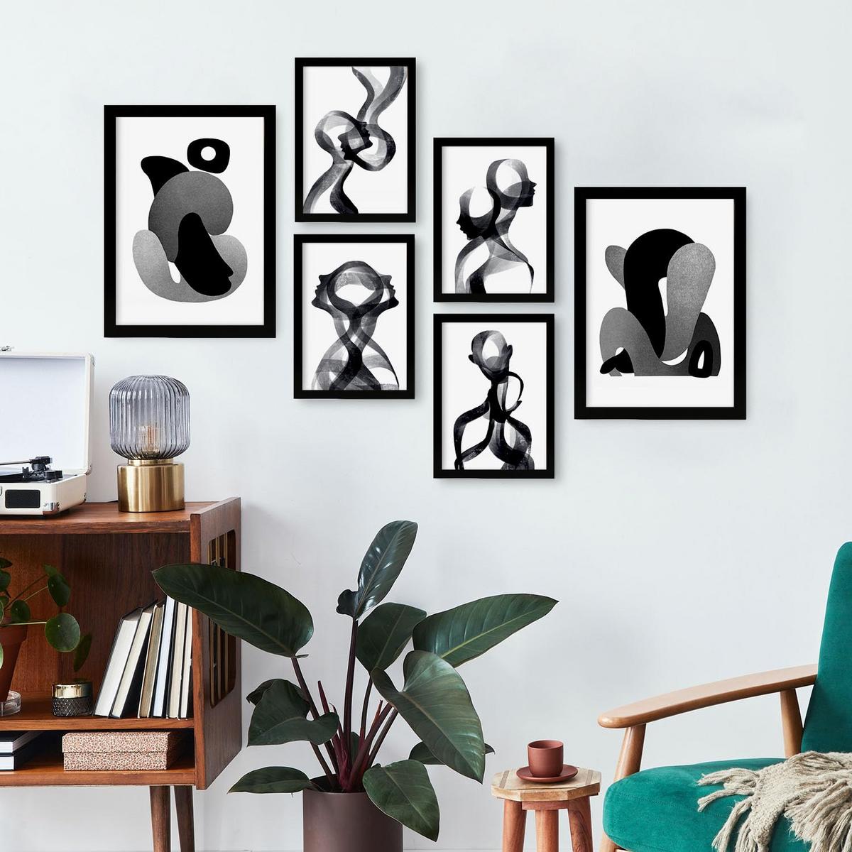 POSTER Set Mit 6 Gebogener Körper In Liebhaber Abstrakt Ästhetische Dekorative Gemälde Für Ihr Wohnzimmer Zuhause A3 & A4 Schwarzer Rahmen - Schwarz, Papier (29/3cm) - Nacnic