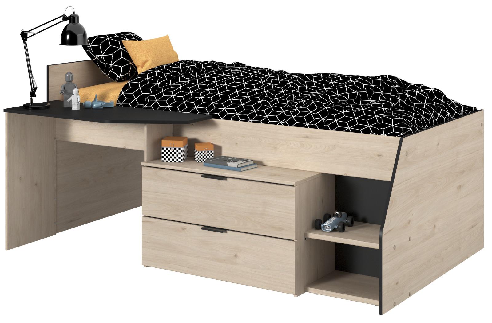 HOCHBETT Jugendzimmer Bett 90 x 200 cm 2x Schubkasten, Stauraum - Eichefarben/Schwarz, Holz/Holzwerkstoff (90/200cm) - Parisot Meuble