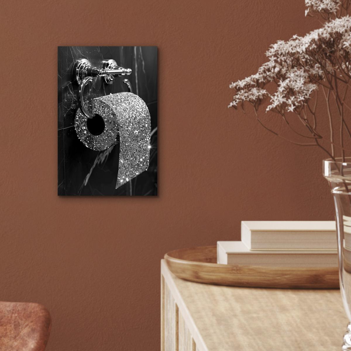 METALLBILD WC - Toilettenpapier - Schwarz und weiß - Glitter 20x30 cm - Silberfarben, Metall (20/30cm) - MuchoWow