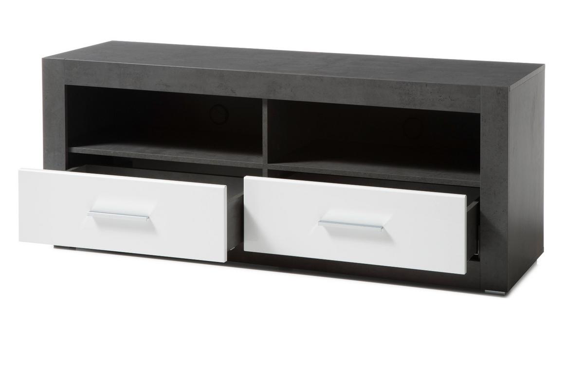 TV-LOWBOARD weiß Hochglanz, grau Stone, TV Unterteil mit Komforthöhe 150 cm - Chromfarben/Weiß Hochglanz, Holzwerkstoff/Kunststoff (150/61/45cm) - Furn.Design
