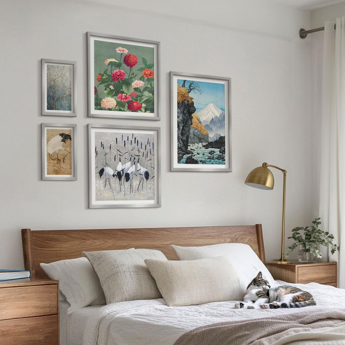 BILDER SET 5er Set - 50x50 cm & 20x30 cm & 40x60 cm Silberner Rahmen - Berge, Fluss, Blumen, Kraniche - Silberfarben, Kunststoff (40/60cm) - TULUP