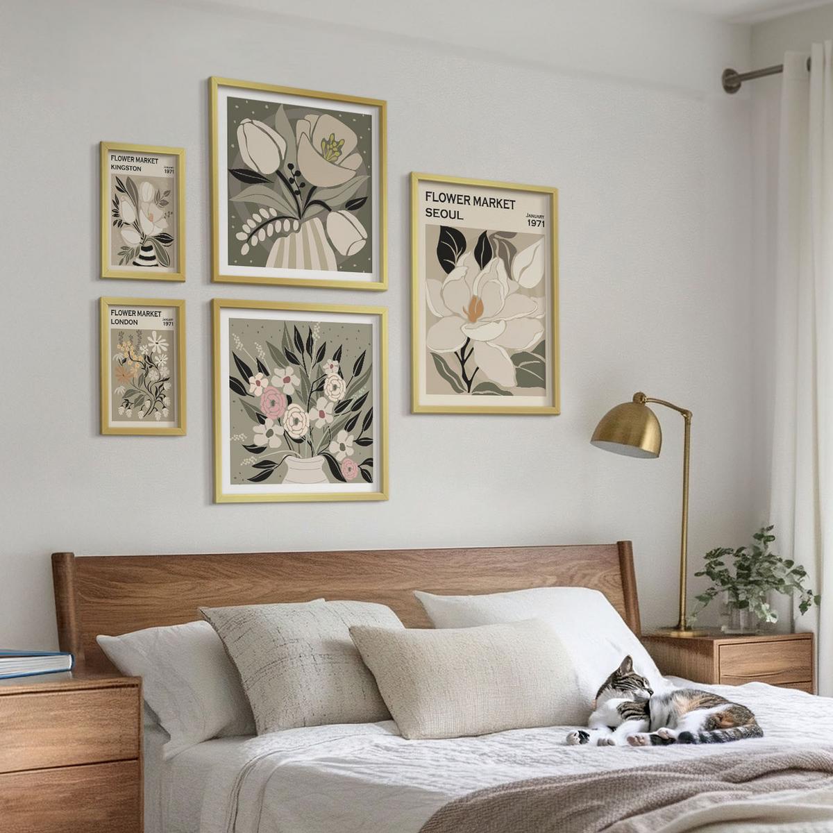 BILDER SET 5er Set - 50x50 cm & 20x30 cm & 40x60 cm Goldrahmen - Retro-Blumen aus Städten rund um die Welt - Goldfarben, Kunststoff (40/60cm) - TULUP