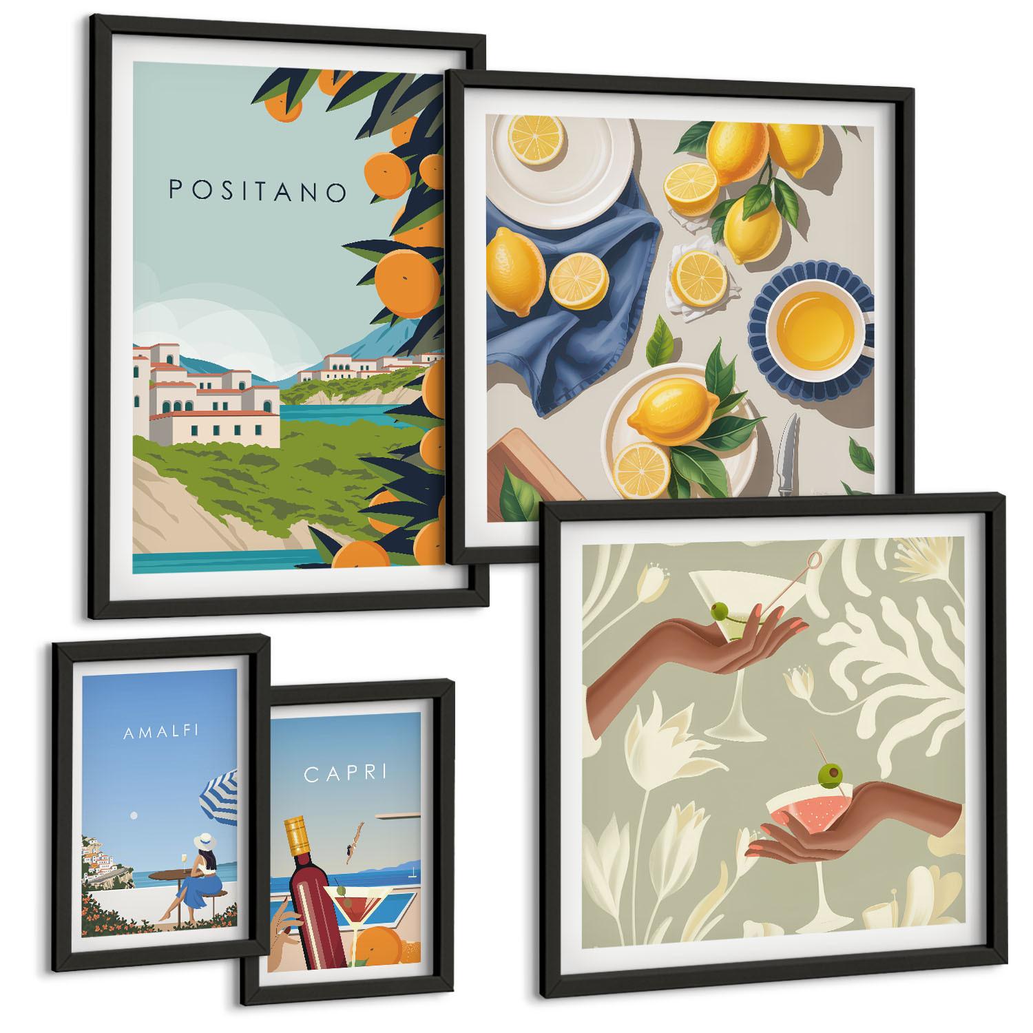 BILDER SET 5er Set - 50x50 cm & 20x30 cm & 40x60 cm Schwarzer Rahmen - Fruchtmuster und italienische Kultur - Schwarz, Kunststoff (40/60cm) - TULUP