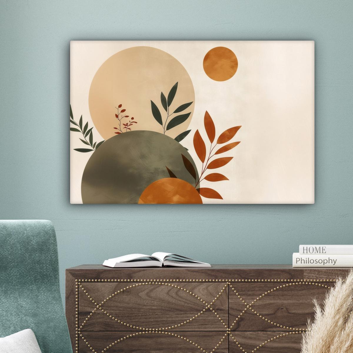 LEINWANDBILD Formen - Rund - Blätter - Beige Gemälde 60x40 cm - Rostfarben, Textil (60/40cm) - MuchoWow