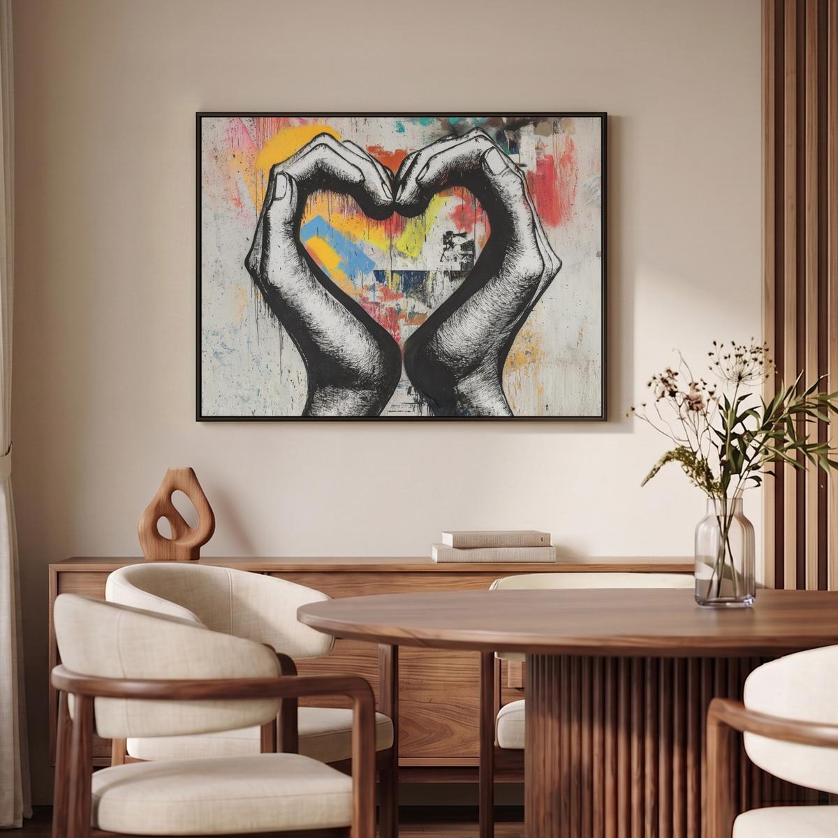 LEINWAND Bilder mit Rahmen - Hände - Herz - Straßenkunst - Graffiti - 100x70 - Multicolor, Textil (100/70cm) - MuchoWow
