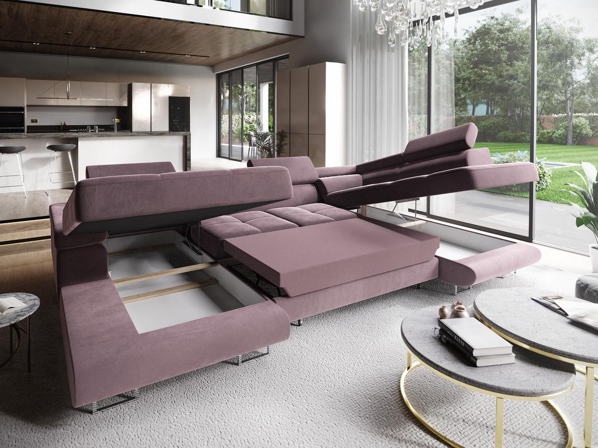 WOHNLANDSCHAFT CASONE R-S Lila Velours-Stoff mit Schlaffunktion - Lila/Silberfarben, Holz/Textil (345/90/202cm) - MASSENO