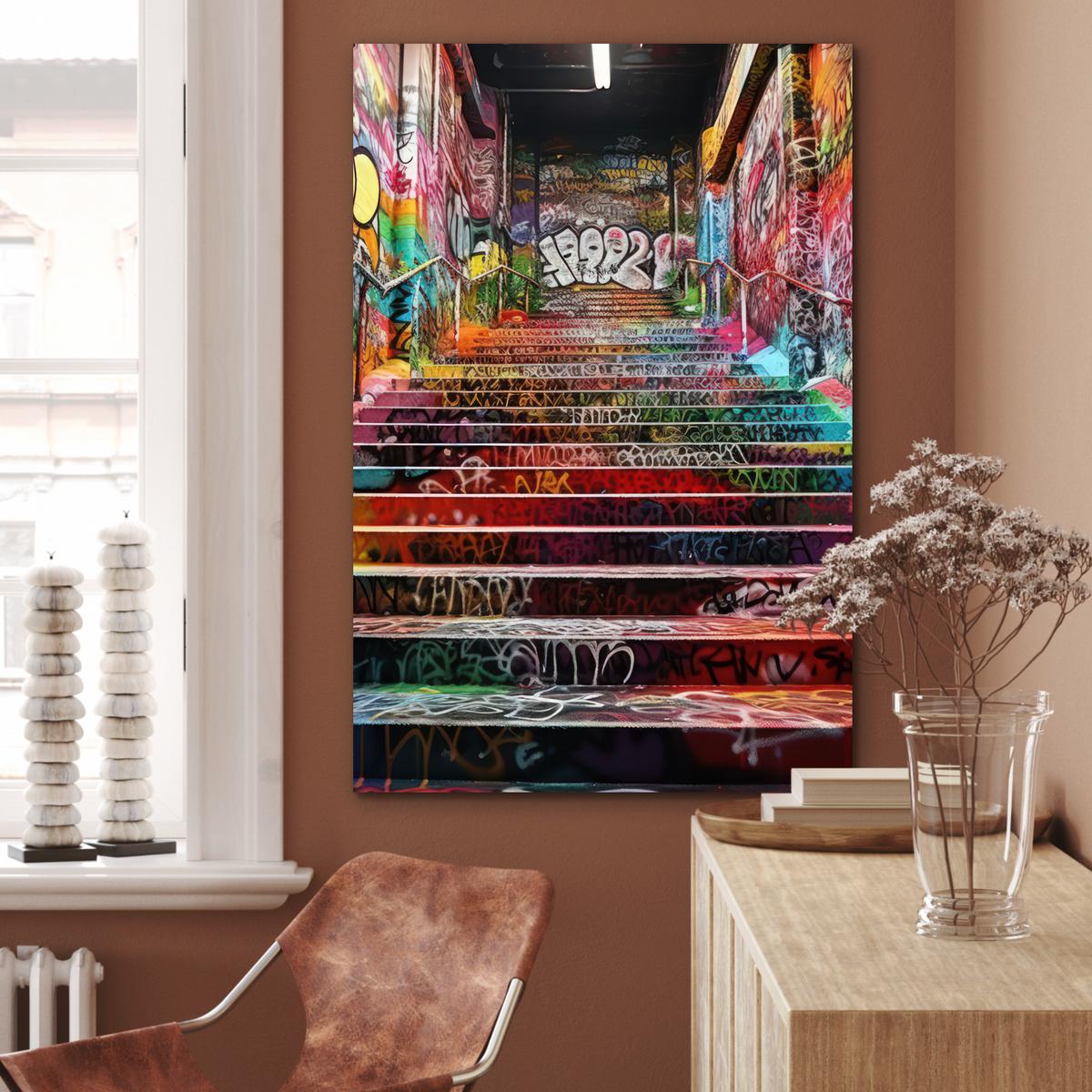 METALLBILD Treppe - Graffiti - Farben - Kunst 80x120 cm - Multicolor, Metall (80/120cm) - MuchoWow
