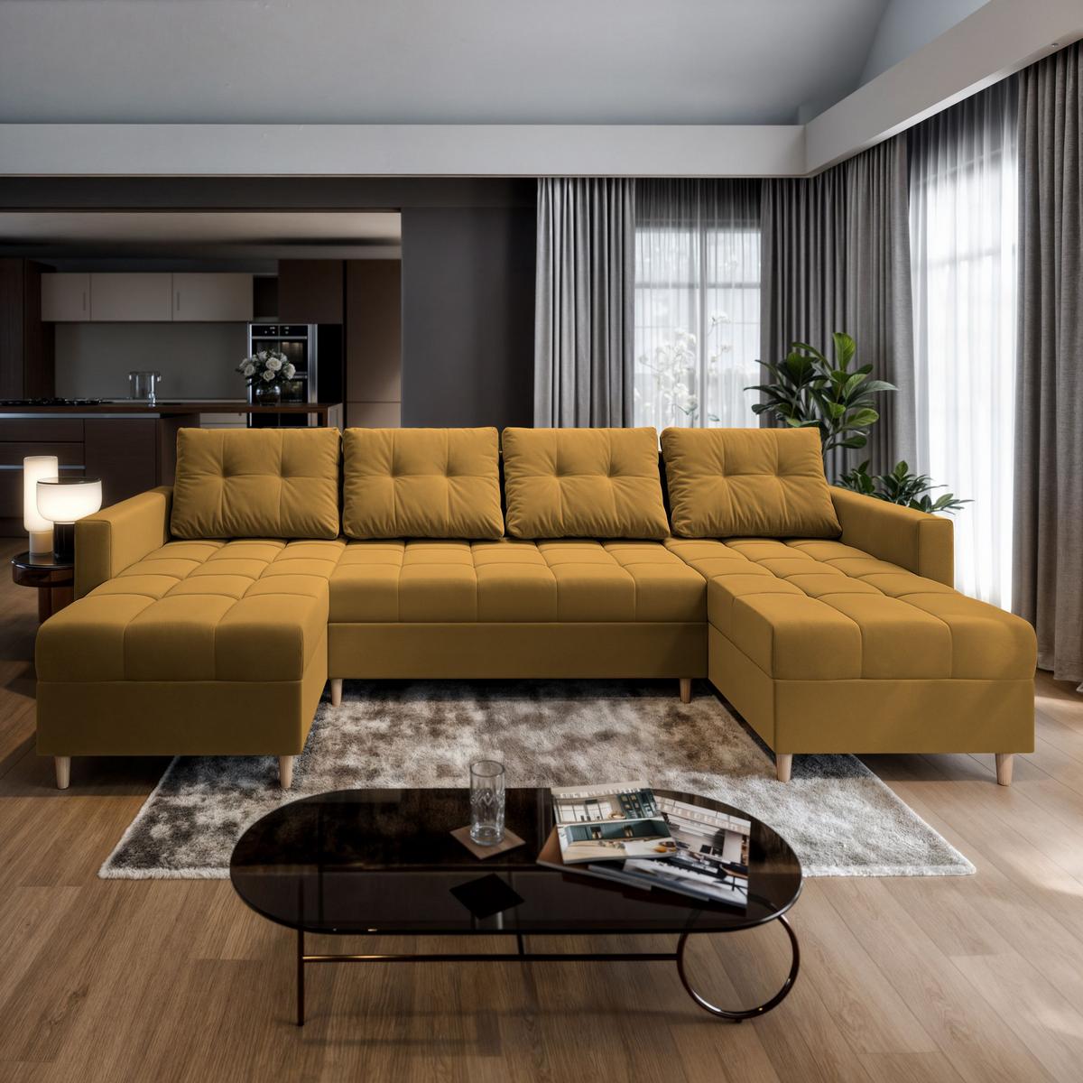 WOHNLANDSCHAFT MILO U Gelb Plüsch-Stoff mit Schlaffunktion - Gelb/Braun, Holz/Textil (285/91/140cm) - MASSENO