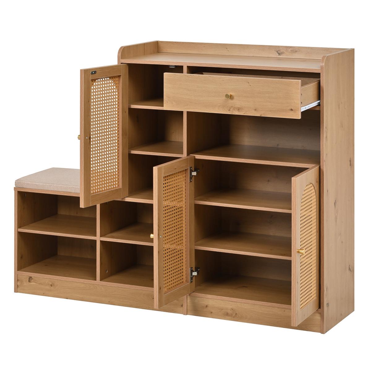 SCHUHSCHRANK rattan sitzbank holzoptik - Naturfarben, Holzwerkstoff (142/110/35cm) - Urban Meuble
