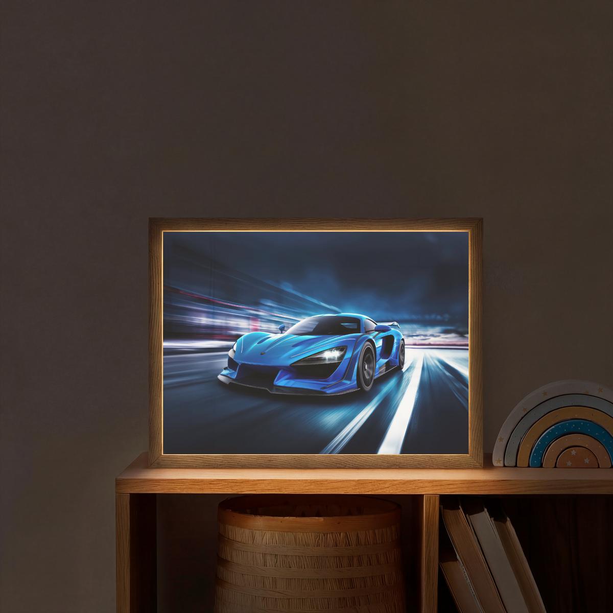 WANDLEUCHTE MIT AKKU Auto - Blau - Jungen - Kind 40x30 cm - Blau, Holzwerkstoff (40/30/8cm) - OnlyWow