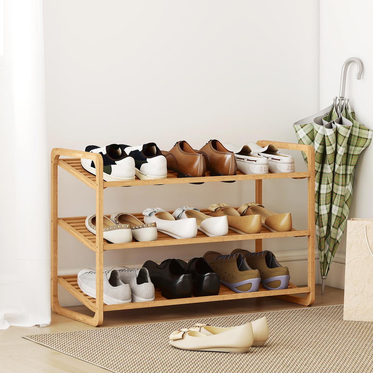 SCHUHREGAL mit 3 Ebenen Schuhaufbewahrung Schuh-Organizer für 9-12 Paar - Naturfarben, Holz/Bambusholz (33/50.8/76cm) - HOMCOM
