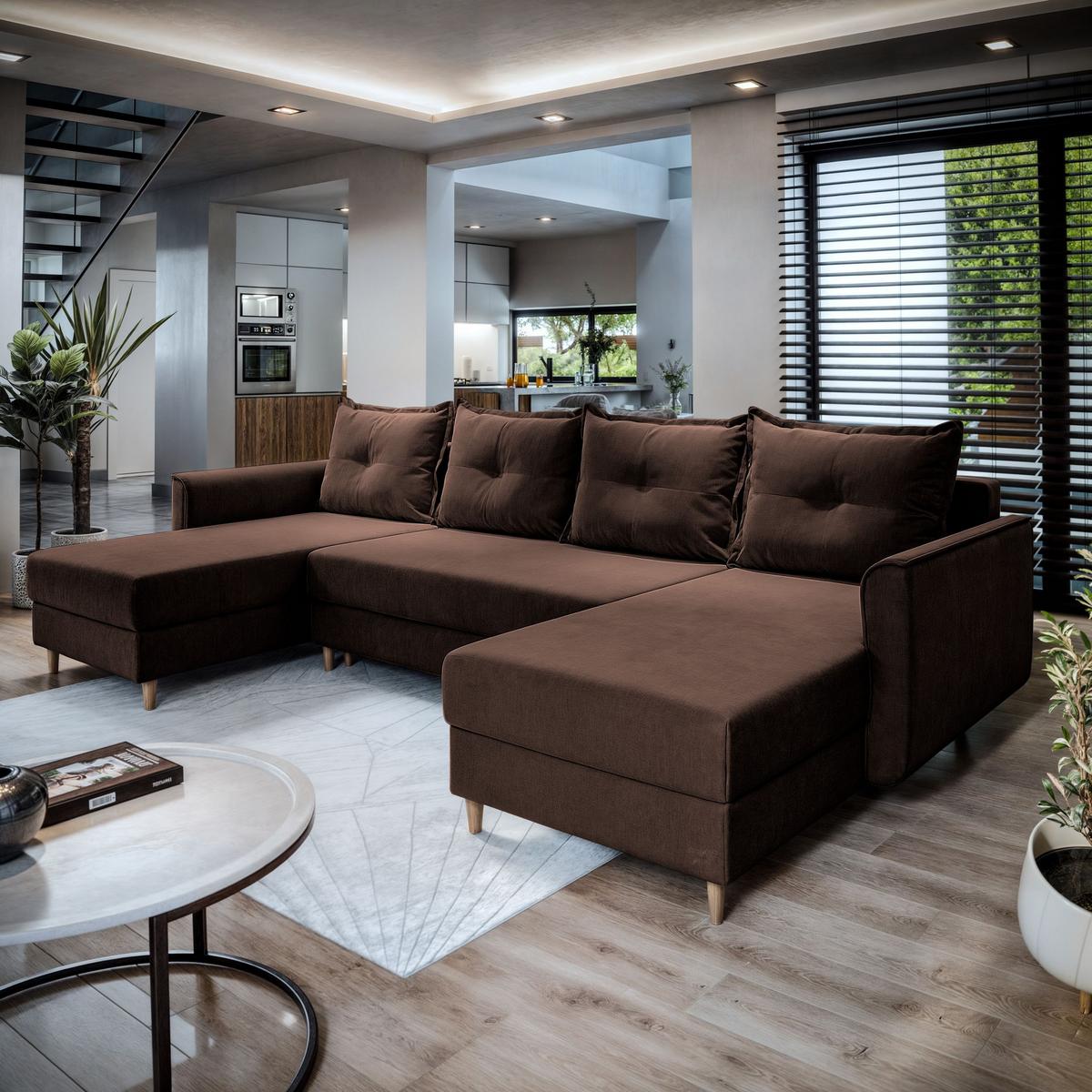 WOHNLANDSCHAFT VERNI Braun Plüsch-Stoff mit Schlaffunktion - Braun, Holz/Textil (285/91/143cm) - MASSENO