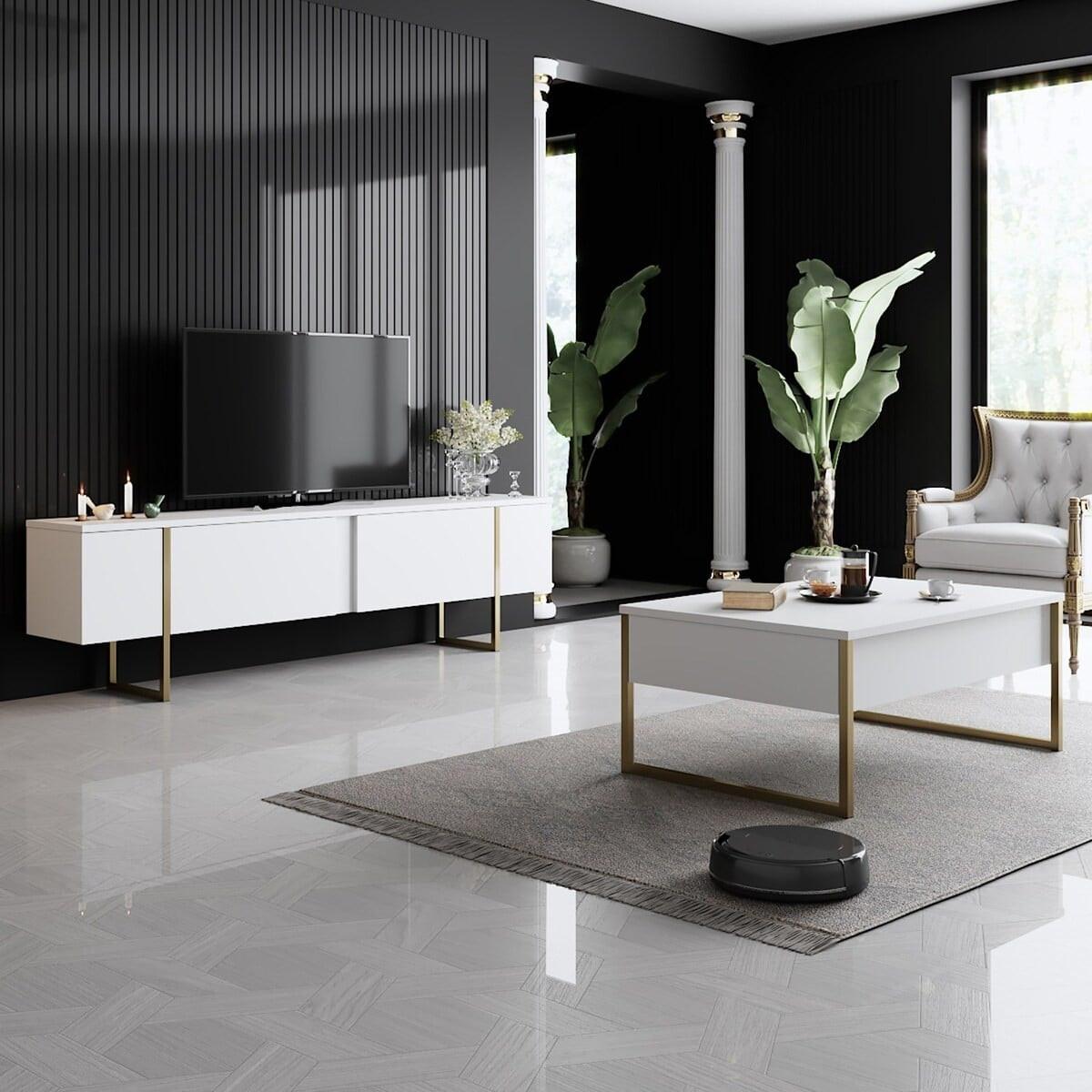 TV-MÖBEL mit 2 Klapptüren Luxe 180/30/50 cm - Goldfarben/Weiß, Holzwerkstoff (180/50/30cm) - Calicosy