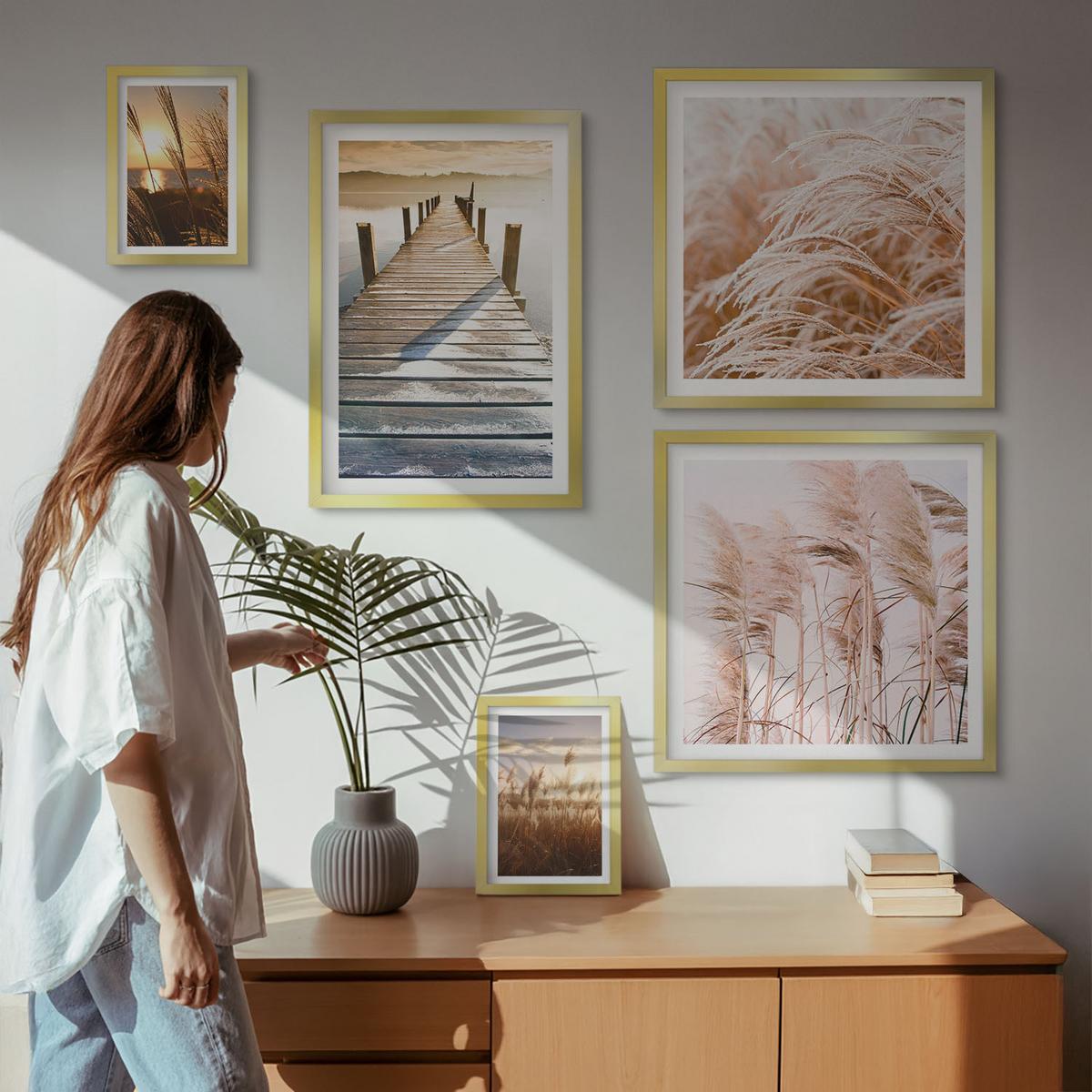 BILDER SET 5er Set - 50x50 cm & 20x30 cm & 40x60 cm Goldrahmen - Boho-Grasfeld-Sonnenuntergang - Goldfarben, Kunststoff (40/60cm) - TULUP