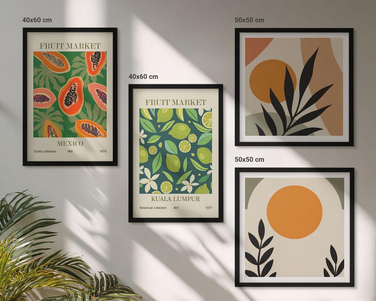 BILDER SET 4er Set - 50x50 cm & 40x60 cm Schwarzer Rahmen - Boho-Papaya-Fruchtmuster - Schwarz, Kunststoff (50/50cm) - TULUP