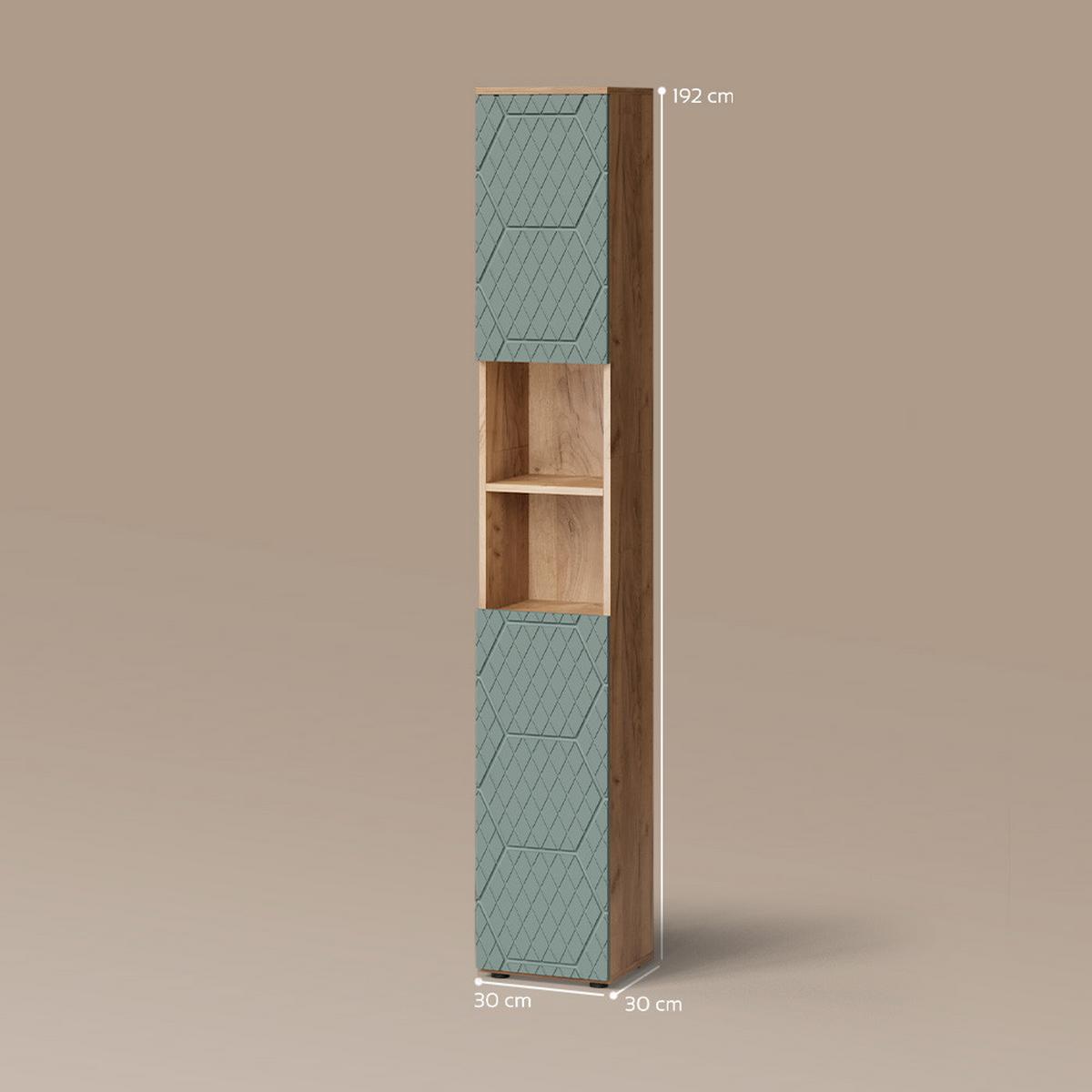 BADSCHRANK Ronco Grün/Goldkraft Eiche 30 x 192 cm - Honigeiche/Grün, Holzwerkstoff (30/192/30cm) - Livinity®