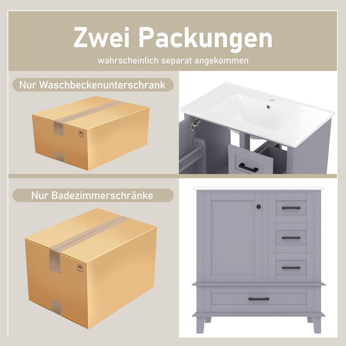 WASCHTISCHKOMBI Grau freistehend mit Keramikbecken & 3 Schubladen - Grau, Keramik/Holzwerkstoff (76/83/46cm) - Urban Meuble