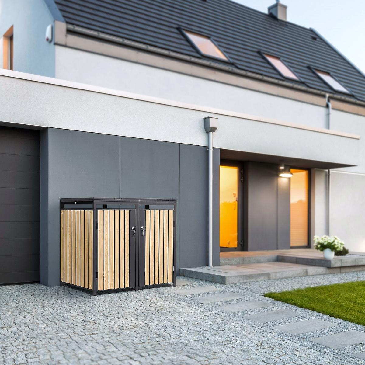 MÜLLTONNENBOX 4er Anthrazit-Holzoptik - Naturfarben, Metall (264/120/80cm) - ML-DESIGN