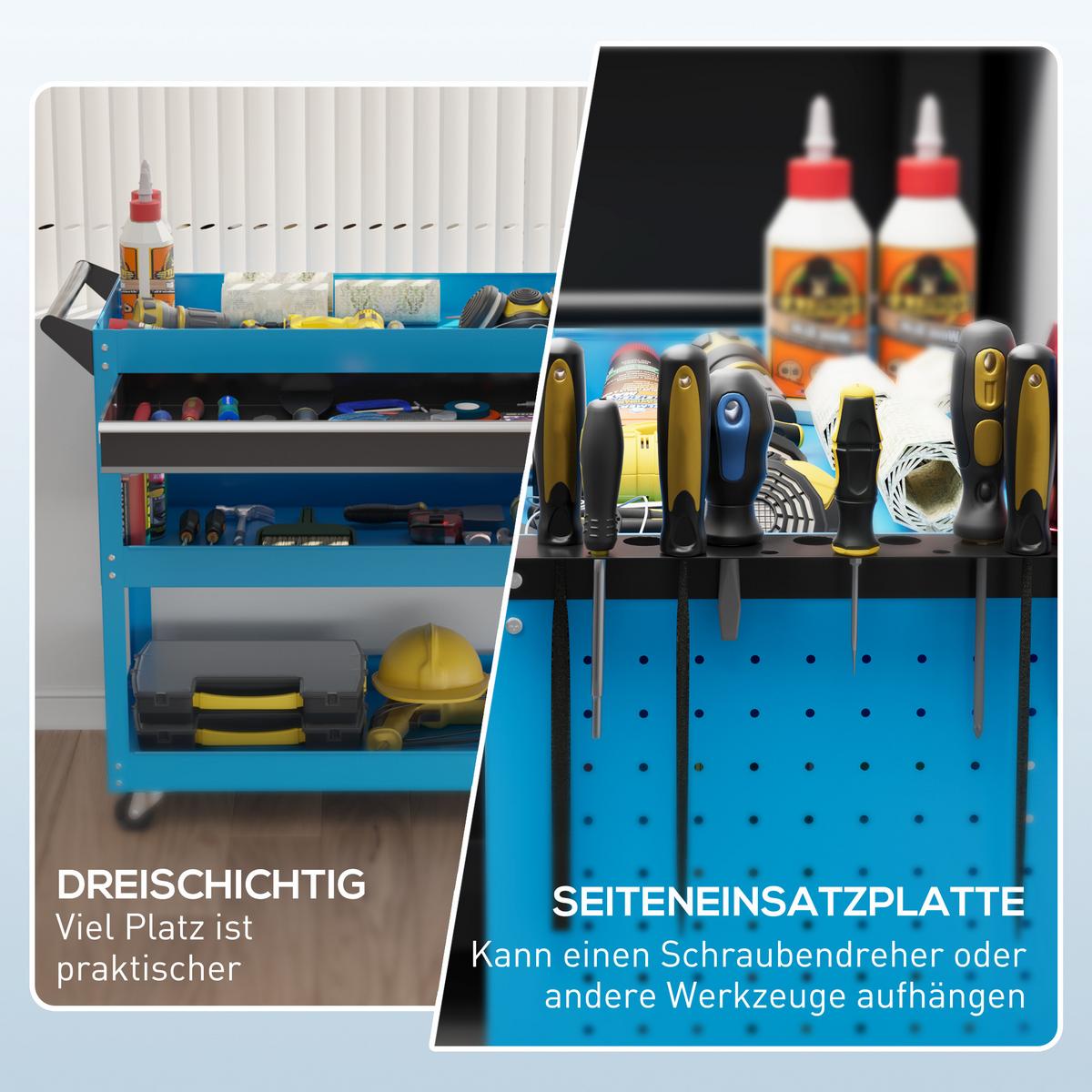 WERKZEUGWAGEN mit 3 Etagen Blau - Blau, Metall (35/76/82cm) - HOMCOM