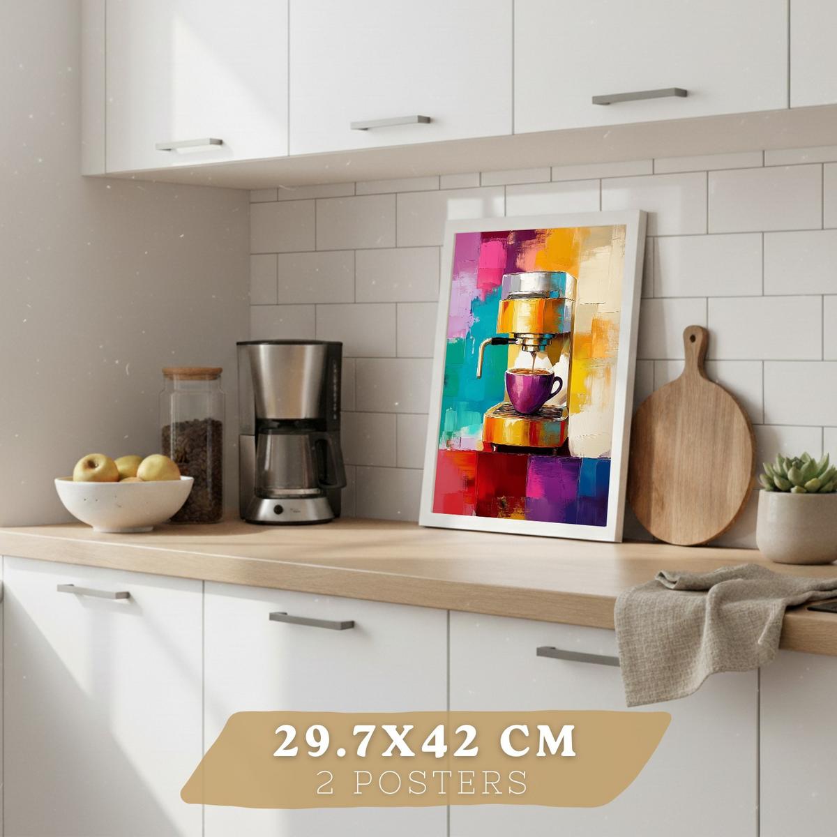 POSTER 2er Set Küchen-Wandbilder Kaffeetassen und Espressomaschine Pop Art Bunt Esszimmer Wanddeko Rahmenlos A3 - Weiß, Papier (29.7/1/42cm) - Nacnic