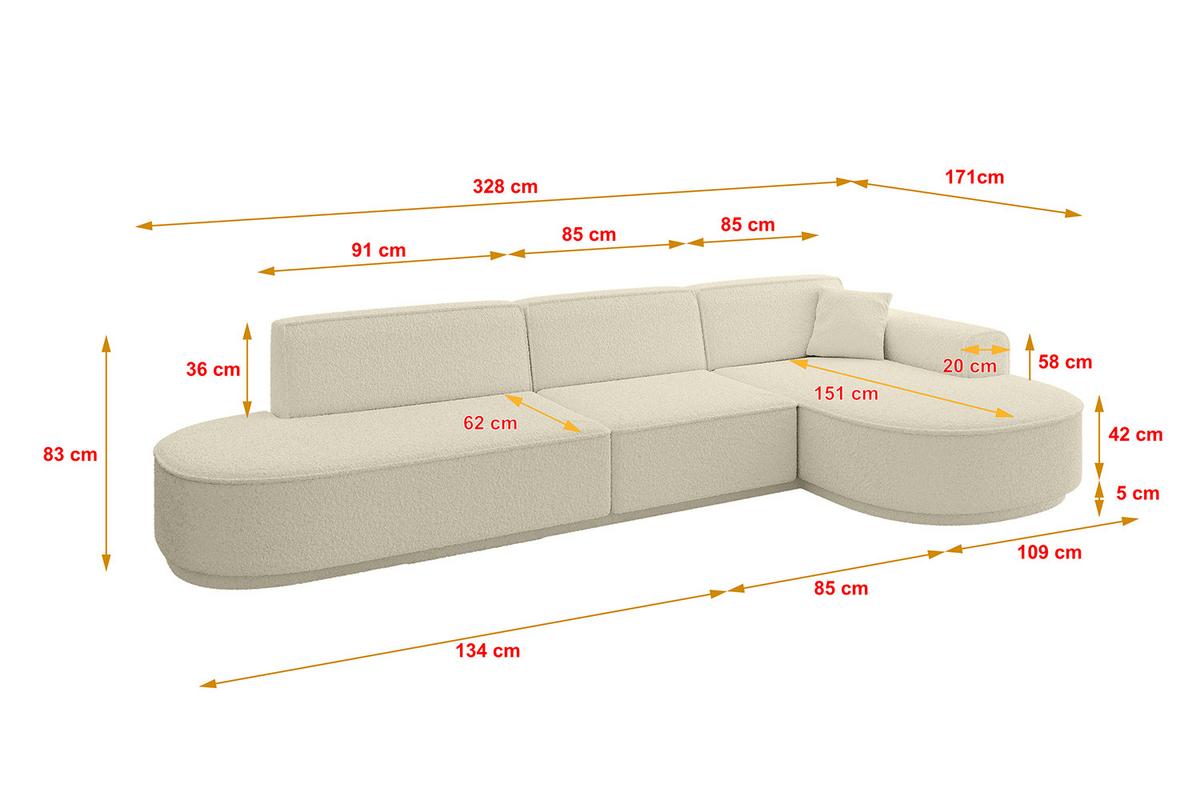 ECKSOFA Ottomane Rechts MARI-L2-v3 - 328x171x83 cm Beige Bouclé - Beige/Schwarz, Holzwerkstoff/Kunststoff (171/328cm) - ALTDECOR