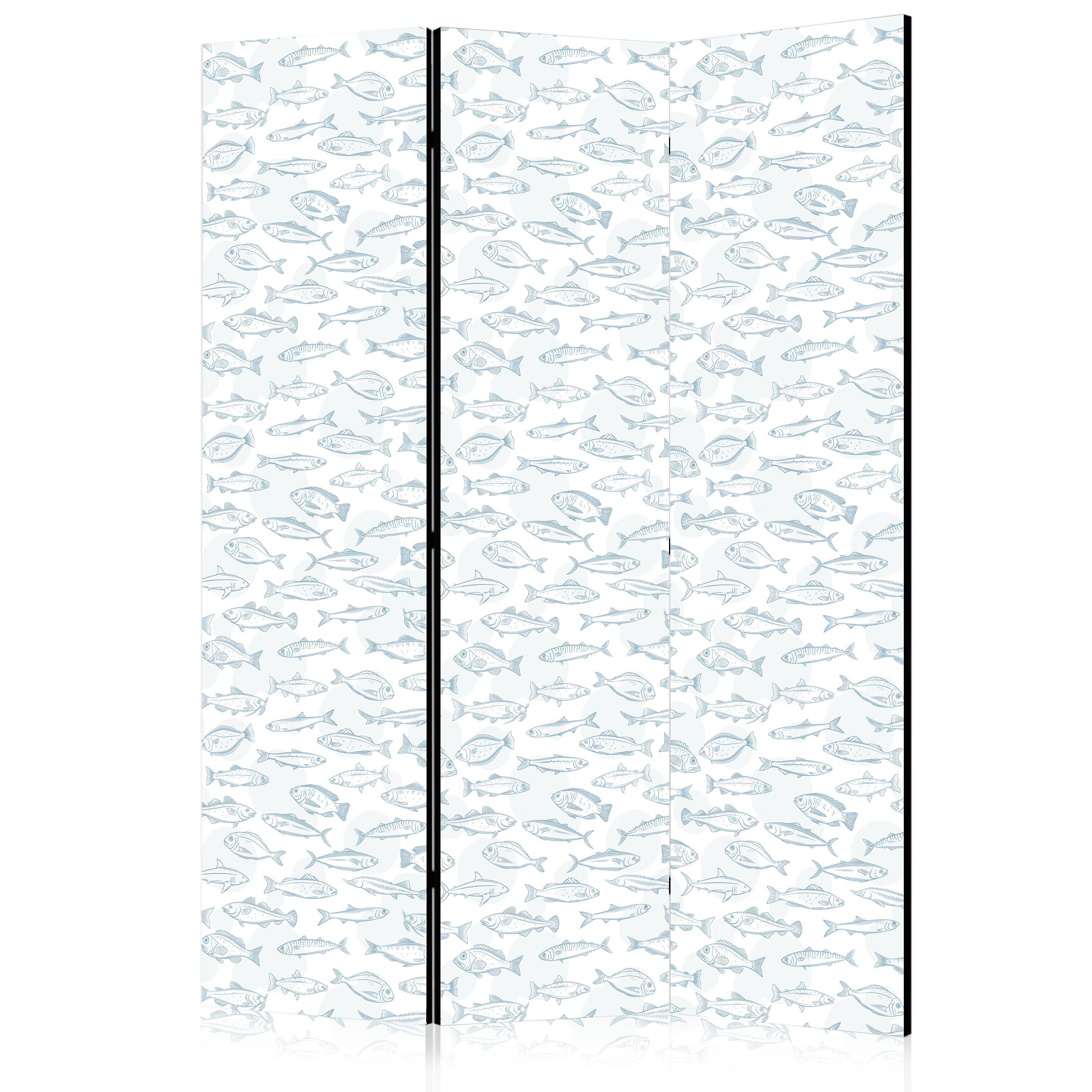 PARAVENT Beidseitig Bedruckter 3-tlg 135x172 cm Blaue Fische Im Boho Stil - Blau, Holz/Textil (135/172/3cm) - Muralo