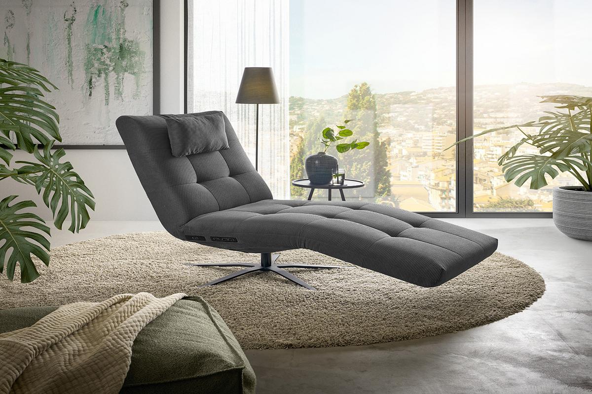 RELAXLIEGE LETICIA Anthrazit Cord Drehbar (360°), Relaxfunktion - Anthrazit/Schwarz, Textil/Metall (82/115/156cm) - KAWOLA