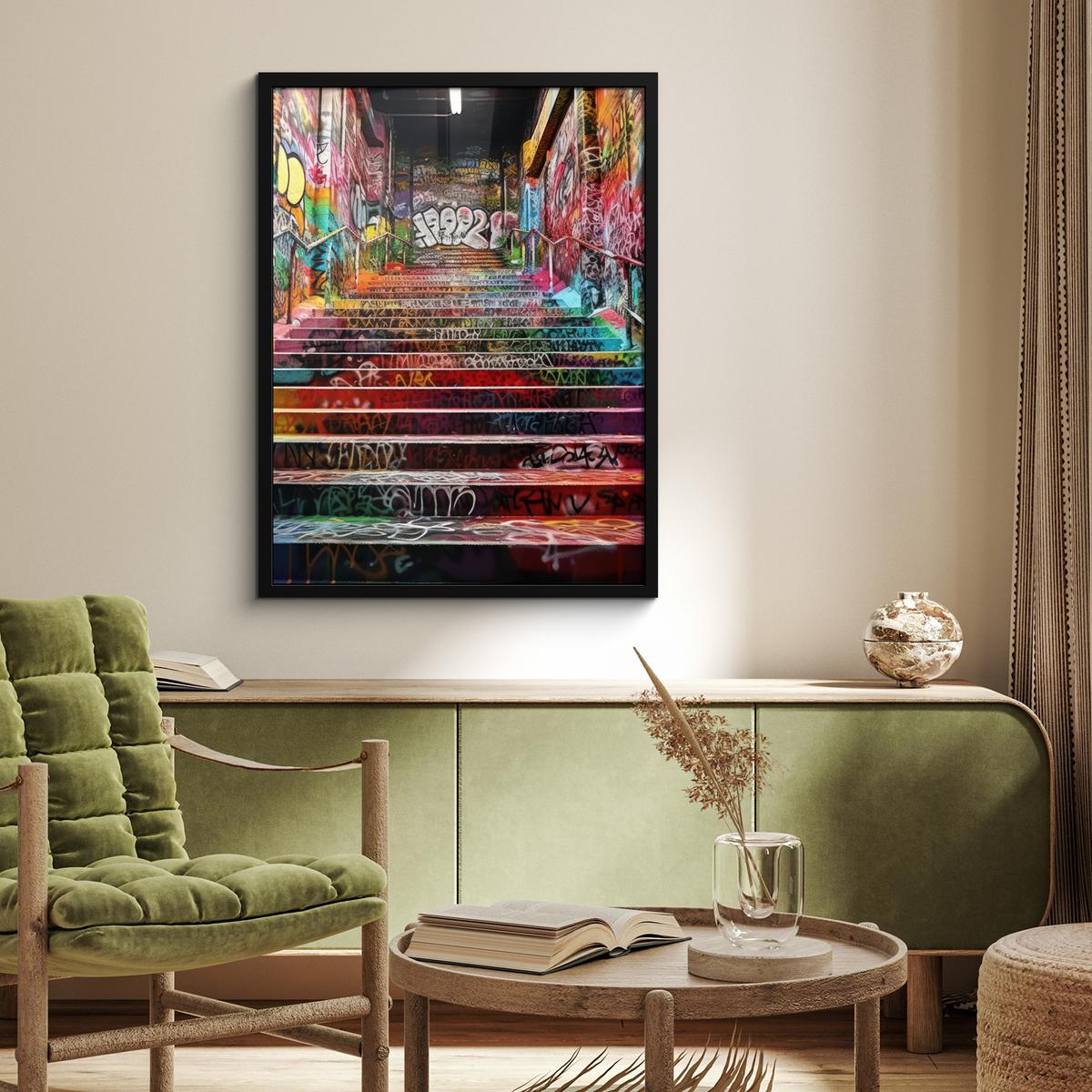 POSTER MIT RAHMEN Treppe - Graffiti - Farben - Kunst Posterleiste 60x80 cm - Multicolor, Papier (60/80cm) - MuchoWow