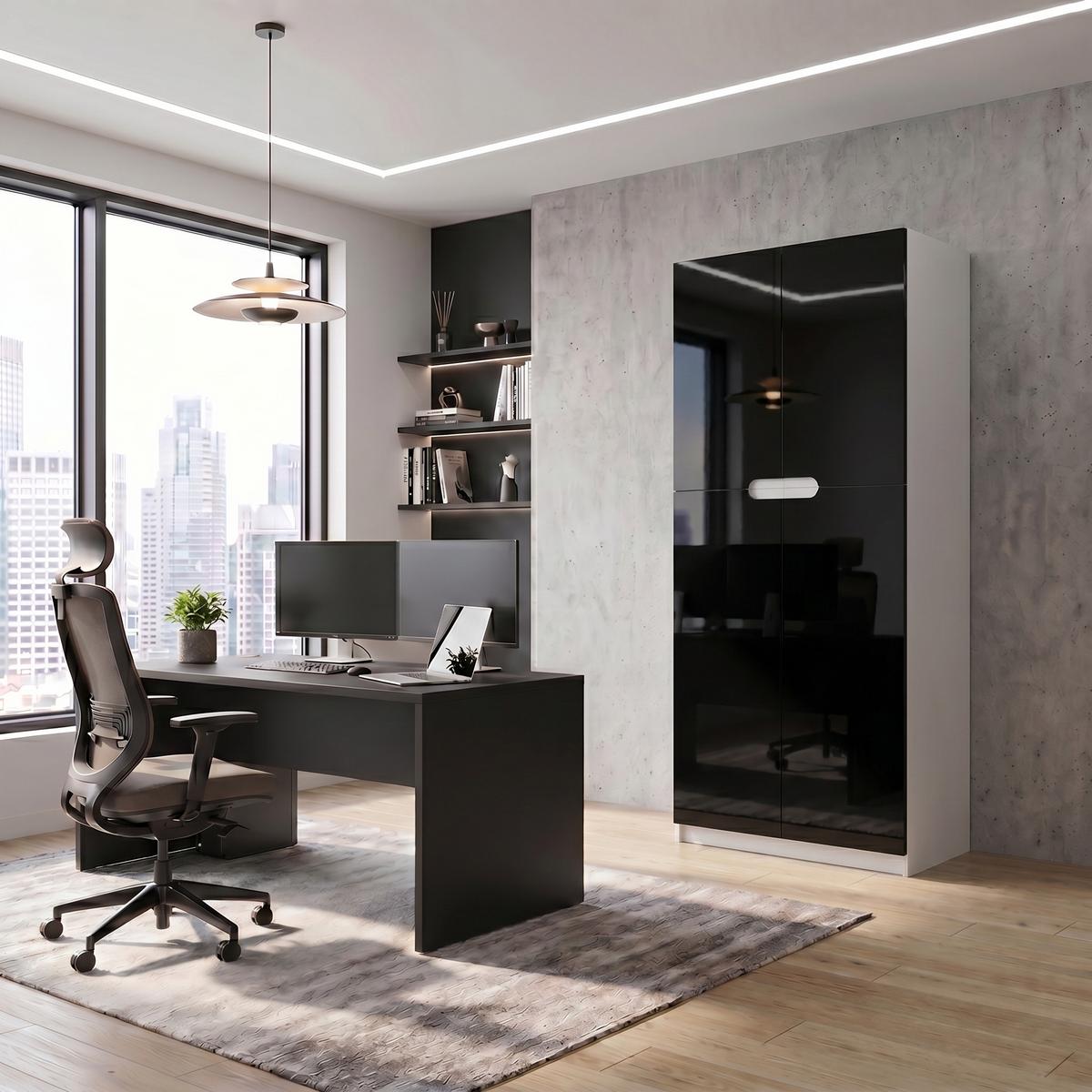 BÜROSCHRANK Logan Fronten in Schwarz Hochglanz - Schwarz Hochglanz, Holzwerkstoff (82/184/37cm) - Vladon
